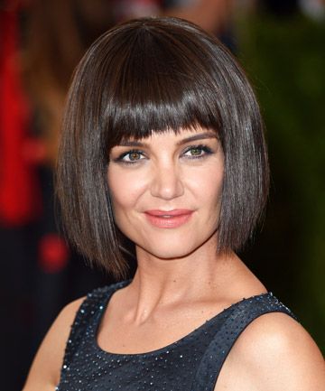 No. 21: Katie Holmes' Bob Haircut With Bangs Bob Haircuts With Bangs For Women, Brunette Bob Bangs, Brown Hair Bob With Bangs, Straight Bob Haircut With Bangs, Black Hair Bob Haircut With Bangs, Centre Parting Bob With Bangs, Katie Holmes Bob With Bangs, Katie Holmes Bob, Medium Bobs