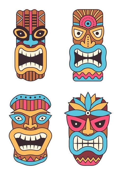 Hawaiian Gods, Hawaii Illustration, Illustration Culture, Tiki Faces, Tiki Head, Aloha Party, Tiki Totem, Luau Theme Party, Tiki Art