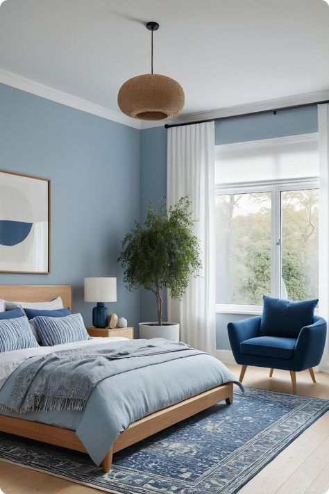 Light Blue Minimalist Bedroom, Scandinavian Blue Bedroom, Cornflower Blue Bedroom, Baby Blue Bedrooms, Dark Blue Curtains, Light Blue Bedding, Light Blue Bedroom, Scandinavian Light, Nordic Chic