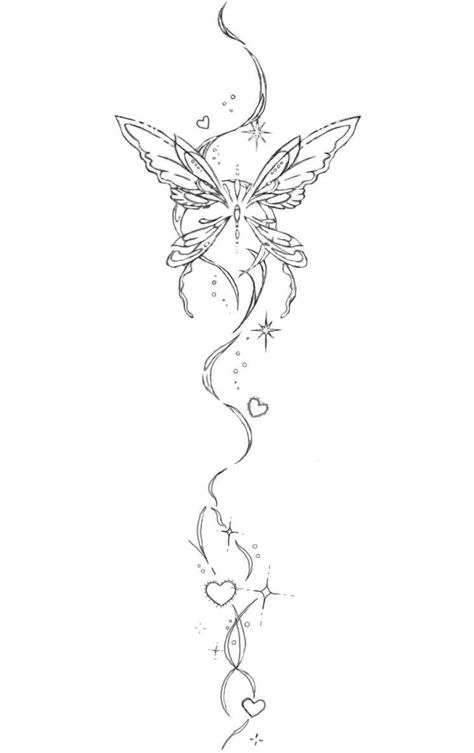 Fairy Spine Tattoos For Women, Fairy Wing Spine Tattoo, Cool Line Art Tattoo, Virgo Spine Tattoo, Fairy Spine Tattoo, Spine Tattoo With Butterflies, Y2k Spine Tattoo, Butterfly Spine Tattoos For Women, Butterfly Back Tattoo Spine