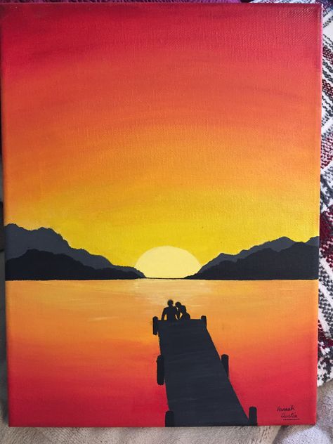 Scenery Spot Drawing, Sunset Water Drawing, Sunset With Mountains Painting Easy, Mountain Sunset Painting Easy, Sunset Painting With People, Sunset Drawing Easy, Couple Scenery Painting, Silhoutte Ideas Painting Couple, Birthday Paintings