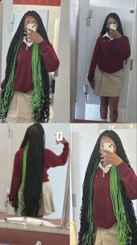 Black And Green Braids, Green Braids, Peekaboo Braids, Purple Box Braids, Black And Green Hair, Red Box Braids, Peekaboo Hair Colors, Black Box Braids, Colored Box Braids