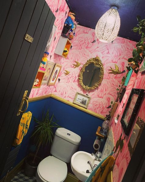 Pink Understairs Toilet, Fun Downstairs Toilet Ideas, Maximalist Decor Bathroom, Downstairs Toilet Ideas Quirky, Eccentric Bathroom, Eclectic Maximalist Decor, Maximalist Bathroom, Flamingo Wallpaper, Downstairs Loo