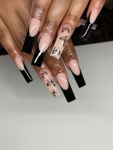 Black French Nails With Design Square, Black French Tip Nails With Butterflies, Long Black French Tip Nails With Design, Black Nails Acrylic French Tips, Homecoming Nail Ideas Black, Black French Tip Nails Designs, Black Nails With Butterfly, Black Nails With Butterflies, Cute Black Nails Ideas French Tips