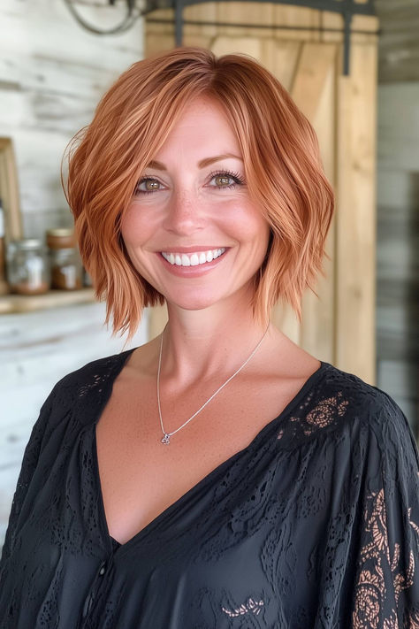 Light Copper Hair Is The Color Trend You Don't Want to Miss Out On Ginger Hair With Blonde Highlights Bob, Bob With Copper Highlights, Light Red Short Hair, Copper Blonde Pixie, Cowboy Copper Bob Hair, Cowboy Cooper Short Hair, Copper Hair Short Bob, Strawberry Blonde Hair Bob, Short Cowboy Copper Hair