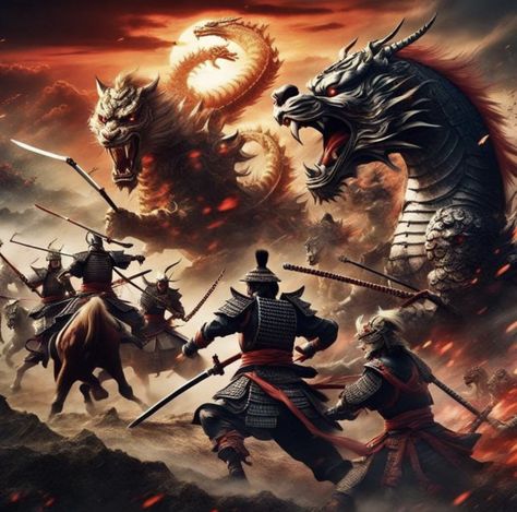 Samurai battle dragons. Artwork created at https://creator.nightcafe.studio/creation/RYPwtum1MNSeUoyWBTzI Samurai And Dragon, Dragons Artwork, Samurai Battle, Dragon Battle, Dragon Pictures, Back Tattoo, Tattoo Ideas, Tattoos, Art