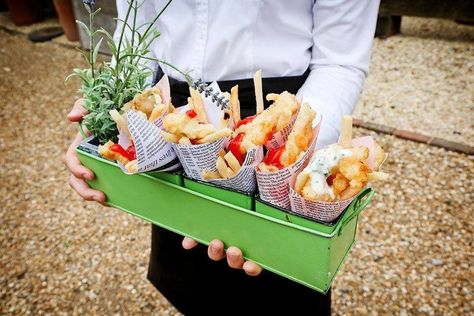 These beautiful little cones of fish and chips were incredibly popular with guests at this event! . #fishandchips #fishandchipcones… Fish And Chips, Party Drinks, Party Food, Pesto, Chips, Fish, Canapés