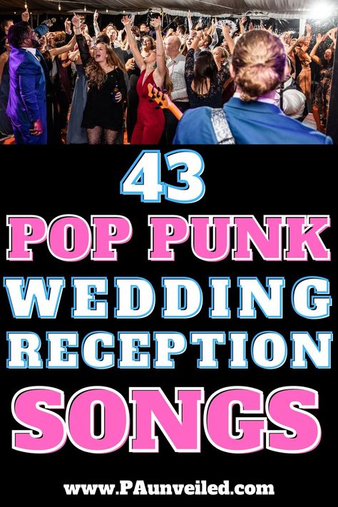 A pin that shows a band playing pop punk rock songs at a wedding reception. Pop Punk Wedding Ideas, Blink 182 Wedding, Pop Punk Wedding Songs, Pop Punk Wedding, Rock Wedding Songs, Pop Punk Lyrics, Reception Playlist, Punk Prom, Reception Dance Floor