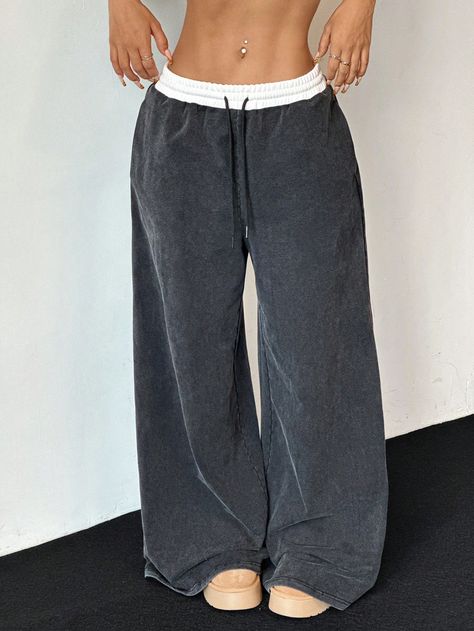 Women's Contrasting Color High-Waist Fried Snowflake Wide-Leg Sweatpants Dark Grey    Knitted Fabric Colorblock,Plain Wide Leg Slight Stretch  Women Clothing, size features are:Bust: ,Length: ,Sleeve Length: Black Sweatpants Aesthetic, How To Style Baggy Sweatpants, Grey Wide Leg Sweatpants, Dark Gray Sweatpants, Cute Bottoms, Cute Sweats, Workout Sweatpants, Women Sweatpants, Baggy Sweatpants