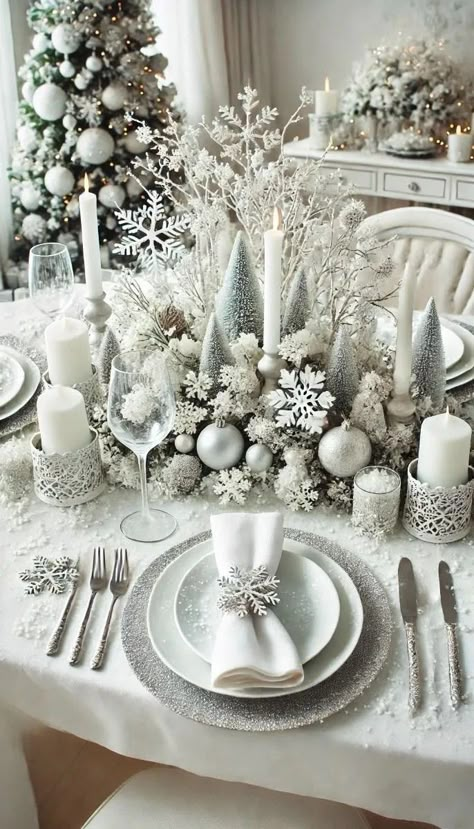 Winter Plates Table Settings, Winter Wonderland Table Decor, Snowflake Tablescape, White Christmas Centerpieces, Winter Wonderland Table Setting, White Christmas Table Decor, Winter Wonderland Decorations Christmas, Christmas Winter Wonderland Theme, Winter Wonderland Christmas Decor