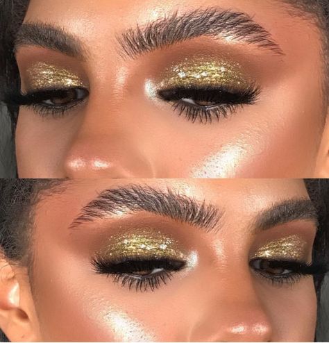 Gold Eyeshadow Gold Foil Eye Makeup, Disco Glam Makeup Gold, Gold And Brown Eyeshadow Looks, Gold Disco Eye Makeup, Gold Eyeshadow Looks Tutorial, 70s Makeup Disco Eye Gold, Nye Eyeshadow Looks, Nye Gold Makeup, Gold Makeup Looks Hooded Eyes