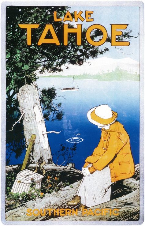 Lake Tahoe - Vintage Promotional Poster (Art Prints, Wood & Metal Signs, Canvas, Tote Bag, Towel) Lakes In California, Tahoe California, Lake Tahoe California, Southern Pacific, Vacation Usa, Travel Tourism, Old Postcards, Travel And Tourism, California Travel