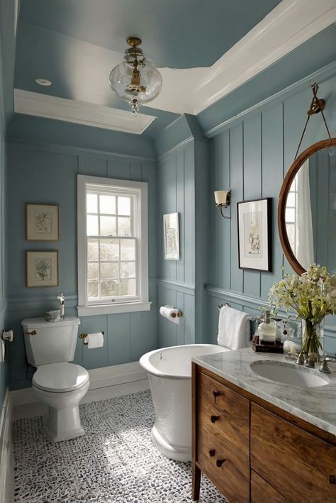 decorating interiors, kitchen designs, living room interior, home paint colors Master Bath Ideas Paint, Fun Blue Bathroom, Eggshell Blue Bathroom, Behr Blue Bathroom Paint Colors, Bathroom With Light Blue Walls, Light Blue And Brown Bathroom, Blue Bathroom Walls Ideas, Blue Walls Bathroom Ideas, Blue Paint For Bathroom Walls