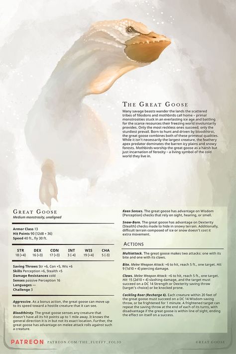 Artwork of a goose-like fantasy creature including gameplay rules Dnd Stats, Dnd Stories, Dungeons And Dragons Memes, Dnd Races, Dungeon Master's Guide, Dnd Funny, D D Monsters, Dungeons And Dragons Classes, Dnd Dragons