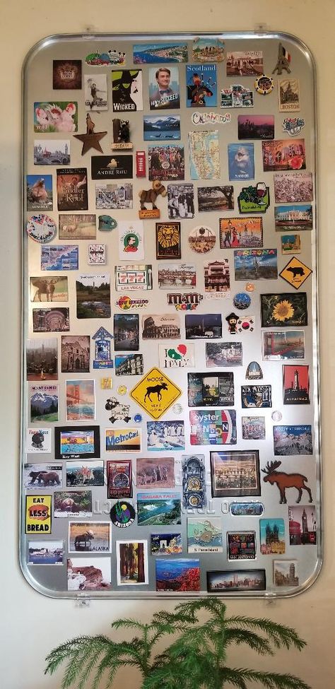 Travel magnet board with oil drip pan - 2017 Magnetic Board For Travel Magnets, Magnet Board Decor, Magnet Boards, Travel Magnet Board, Magnet Collection, Magnet Display Ideas, Magnet Board Ideas, Magnet Display, Magnet Collection Display