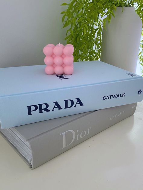 Dior Book Decor, Catwalk Books Aesthetic, Designer Books Decor Diy, Prada Decor, Dior Bedroom, Filler Pics, Designer Books, Pastel Room Decor, Aesthetic Apartment