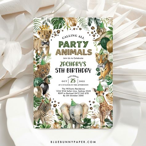 Party Animals Birthday, Safari Invitations, Animal Birthday Invitation, Black And Gold Balloons, Wild Jungle, Animals Birthday, Animal Birthday Party, Joyous Celebration, Safari Jungle