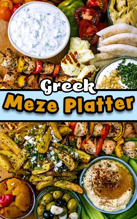 Greek meze platter with a text title overla. Greek Grazing Table, Greek Food Dinner, Greek Meze Recipes, Gyro Platter Recipe, Italian Mezze Platter, Turkish Meze Platter Ideas, Greek Meze Platter, Greek Platter Mediterranean Dishes, Super Easy Party Food