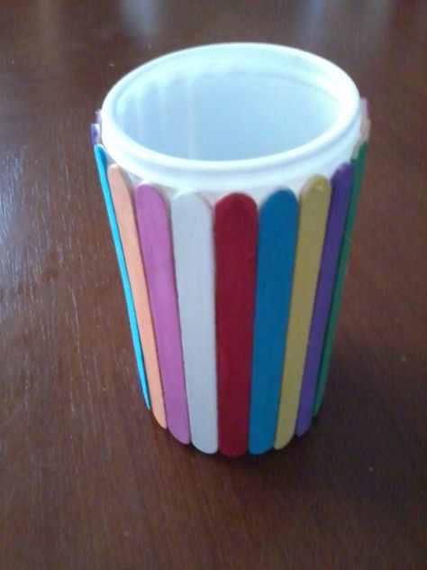 My mom tought me how to do this:  Pencil Holder  1. Color popsicle sticks  (paint, sharpie, marker, ect.) I used paint.  2. Hot glue back of popsicle sticks and attach to container relatively the same size as the popsicle sticks.  Ta-Da! It was really easy.  Apparently This is what they had students make and use during school a long time ago Stick Crafts, Sharpie Marker, Tin Cans, Popsicle Sticks, Class Ideas, Pencil Holder, Tin Can, Craft Stick Crafts, Long Time Ago