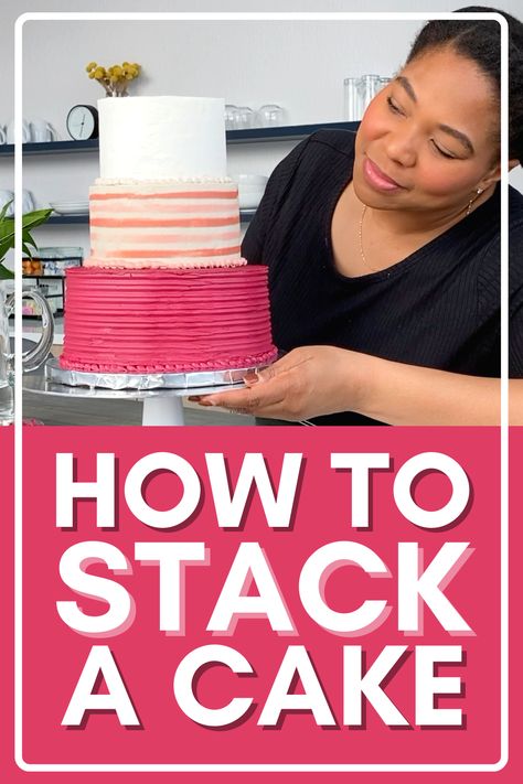 In this video, I take you step-by-step showing how to stack a 3-tier buttercream cake. Stacking a cake is easy with the correct tools and process, but doing so with buttercream can be a bit tricky. By the end of this video, you'll know how to prepare buttercream cake tiers for stacking a cake! How To Stack A 3 Tier Cake, How To Stack Cakes Tiers, How To Make A Two Tier Cake, Buttercream Cake Decorating Ideas, Stacking A Wedding Cake, Cake Decorating Beginners, Cake Stacking, 3 Layer Cakes, Tier Cakes