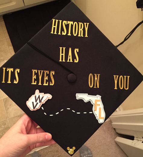 Hamilton Grad cap with some Disney! Grad Cap Ideas Hamilton, Grad Cap Hamilton, Hamilton Graduation Cap, Graduation Cap Designs Musical Theatre, Theatre Graduation Cap, History Grad Cap, Meme Grad Cap Ideas, Senior Year Fun, College Grad Cap Ideas