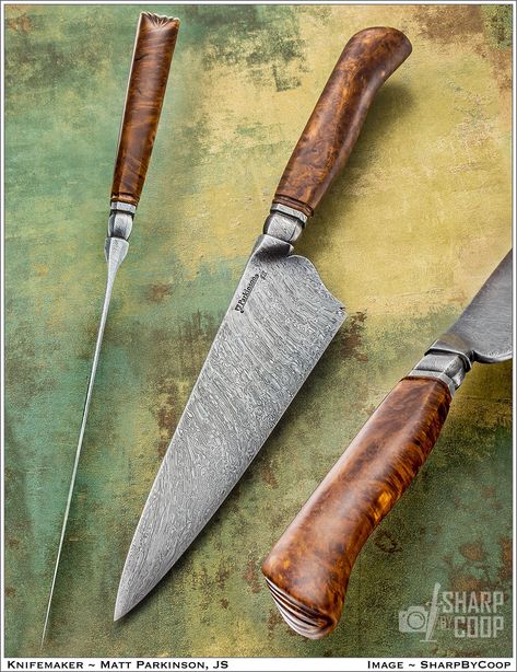 Kitchen Knives - Dragon's Breath Forge - Custom Blacksmith - Knives & Swords Japanese Kitchen Knives, Chef Knives, Forged Knife, Kitchen Cutlery, Damascus Knife, Knife Design, Cool Knives, Kitchen Knife, Knife Sharpening