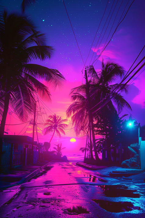 Step into a vibrant, neon-lit world with this stunning cyberpunk depiction of Cuba. This image features a desolate road leading to a glowing beach, bathed in vivid neon colors, creating a surreal, futuristic atmosphere. Perfect for fans of futuristic art, neon aesthetics, and cyberpunk themes. #CyberpunkCuba #Neonlights #Cubanbeach #Cyberpunkart #neon #retrostyle #sunset #palmtrees #neonroad #neonnight #FuturisticCuba #cuba #starrysky #synthpop #cyberpunk #beach #road #puddles #tropicalvillage Neon Beach Aesthetic, Cyberpunk Beach, Neon Cyberpunk Aesthetic, Glowing Beach, Neon Beach, Neon Cyberpunk, Neon Nights, Cyberpunk Aesthetic, Beach Road