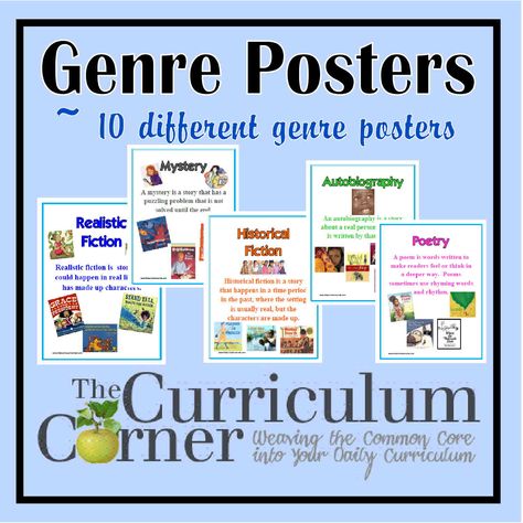 Free, printable genre posters for your reading workshop.  Includes 10 different posters with example books on each.  Great freebie from The Curriculum Corner. Genre Posters Free, Poster Free Printable, Ela Posters, Reading Genre Posters, Traditional Literature, Genre Study, Genre Posters, Reading Genres, Library Posters