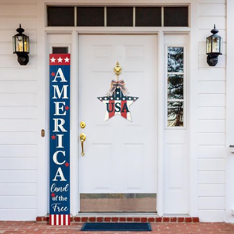 "Buy the Glitzhome® 60\" Wooden Patriotic America Porch Sign at Michaels. com. To celebrate and decorate your July 4th holiday by using this vertical porch leaner. To celebrate and decorate your July 4th holiday by using this vertical porch leaner. It features white lettering \"America Land Of The Free\" printed on blue background with elegant slot lines, embellished with stars and stripes pattern on the top and bottom. Details: Blue, white and red 7.25\" x 1\" x 60\" 5.24 lb. Made of 100% MDF T Patriotic Porch Signs, Patriotic Welcome Sign, Patriotic Porch, July 4th Holiday, Memorial Day Decorations, Patriots Day, Front Door Porch, Moving And Storage, Porch Sign