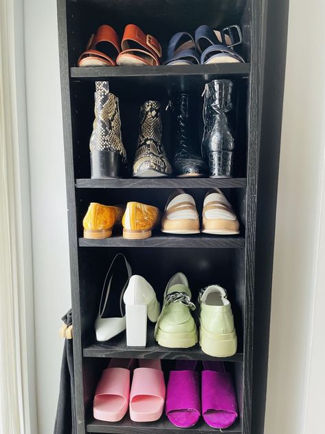 Close up of IKEA BILLY bookcase used for shoes Ikea Billy Bookcase Shoe Storage, Bookcase Shoe Storage Diy, Ikea Shoe Storage Closet, Billy Bookcase As Shoe Storage, Closet Shelves For Shoes, Billy Bookcase For Shoes, Billy Bookcase Shoes, Ikea Billy Shoe Storage, Billy Shoe Storage