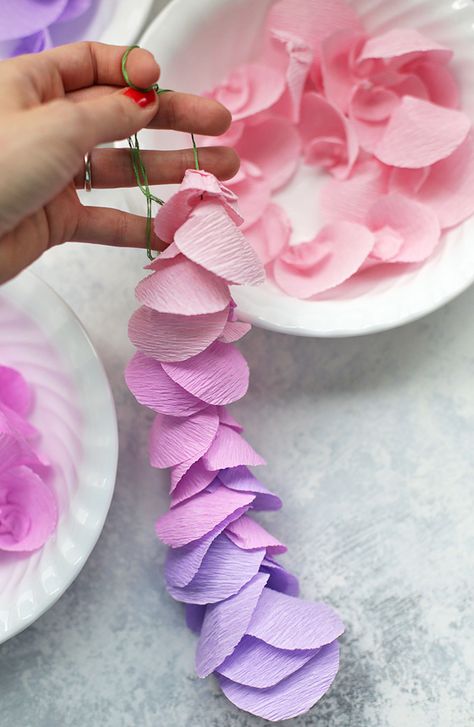 How to Make Crepe Paper Wisteria • One Lovely Life Paper Wisteria, Săpunuri Handmade, How To Make Crepe, Diy Flores, Fleurs Diy, Crepe Paper Flowers, Paper Flowers Craft, Tissue Paper Flowers, Easter Decorations Diy Easy