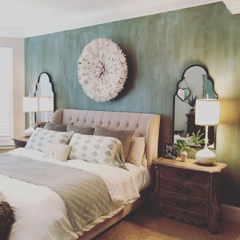 Mirrors Behind Nightstands, Mirrors Above Nightstand, Before After Bedroom, Long Mirrors, Arch Wall Mirror, Nightstand Styling, Black Arch, Arch Wall, Relaxing Bedroom