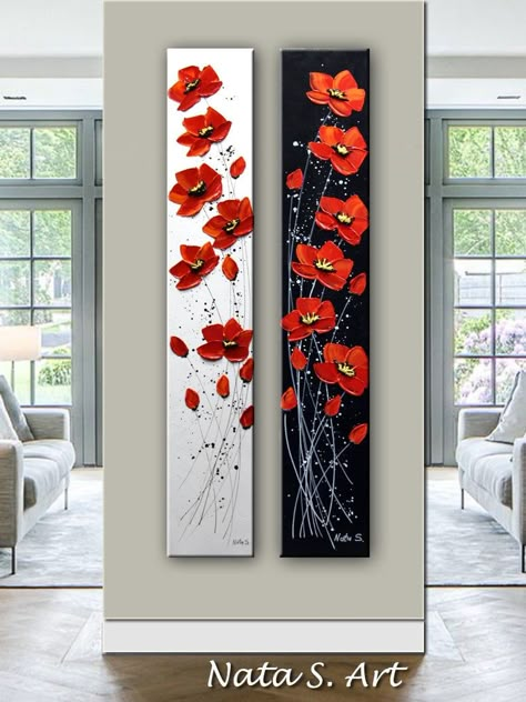 Hanging Flowers Painting, Red Poppy Painting, Poppy Wall Art, Wildflower Paintings, The Artist, Palette Knife Art, Vertical Wall Art, Knife Art, Poppy Painting