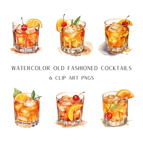 Old Fashioned Cocktail Illustration, Old Fashioned Watercolor, Old Fashioned Illustration, Old Fashioned Cocktail Drawing, Cocktail Art Illustration, Cocktail Watercolor, Whiskey Art, Cocktails Clipart, Cocktail Images