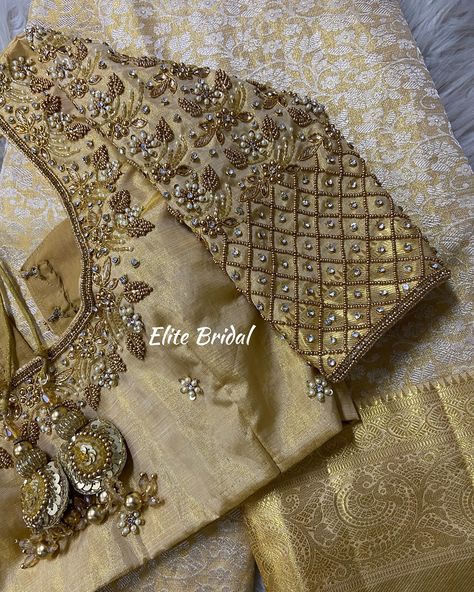 Customised Work Blouse by Elite Bridal Store ♥️✨ Hand Work For Blouse, Tablet Beads Aari Work Blouse, Blouse Hand Work Designs Latest, Work Blouse Designs Latest Bridal, Blouse Handwork Embroidery Designs, Maggam Work Blouse Designs Bridal, Traditional Blouse Designs Weddings, Aari Work Blouse Wedding Hand Embroidery, Blouse Designs Latest Bridal