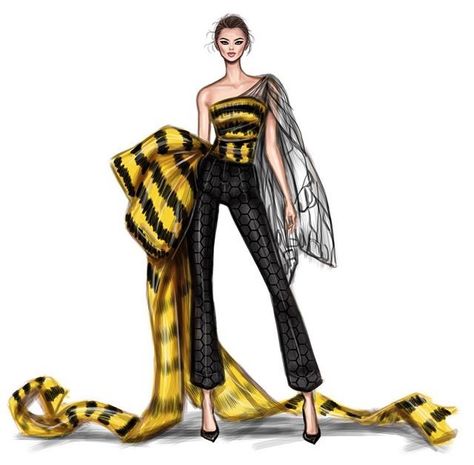 Bee ensemble Shamekh Bluwi, Sketchbook Fashion, Fashion Design Inspiration, Fashion Illustration Poses, Fashion Illustration Tutorial, Fashion Figure Drawing, Dress Design Drawing, Fashion Illustration Sketches Dresses, Design Moda