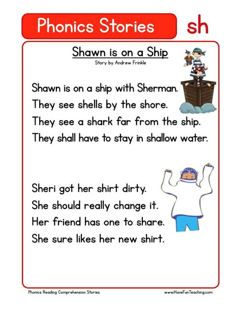 This Reading Comprehension Worksheet - Shawn is on a Ship is for teaching reading comprehension. Use this reading comprehension story to teach reading comprehension. Phonics Stories, Alphabet Stories, Worksheet Alphabet, Phonics Reading Passages, First Grade Reading Comprehension, Phonics Chart, Phonics Readers, Teaching Reading Comprehension, Kindergarten Phonics Worksheets