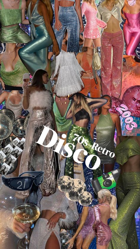 Disco aesthetic 21 birthday theme Birthday Outfit Group Ideas, Last Disco Outfit Ideas, 70s Dinner Party Outfit, 70s Hens Party, Birthday Themes Outfits, Disco Queen Aesthetic, Italian Disco Outfit, Crazy Party Themes, 70 Disco Aesthetic