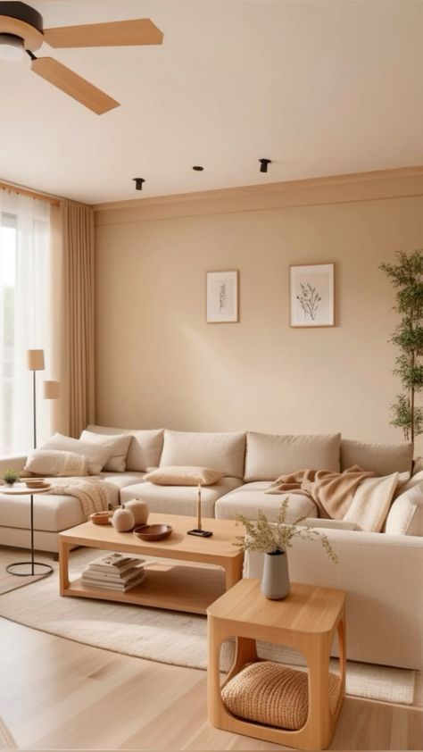 Boho Japandi Living Room, Cream Color Room, Beige Color Palette Living Room, Cozy Japandi, Japandi Boho, Japandi Style Living Room, Minimalist Living Room Ideas, Living Room Minimalist, Green House Design