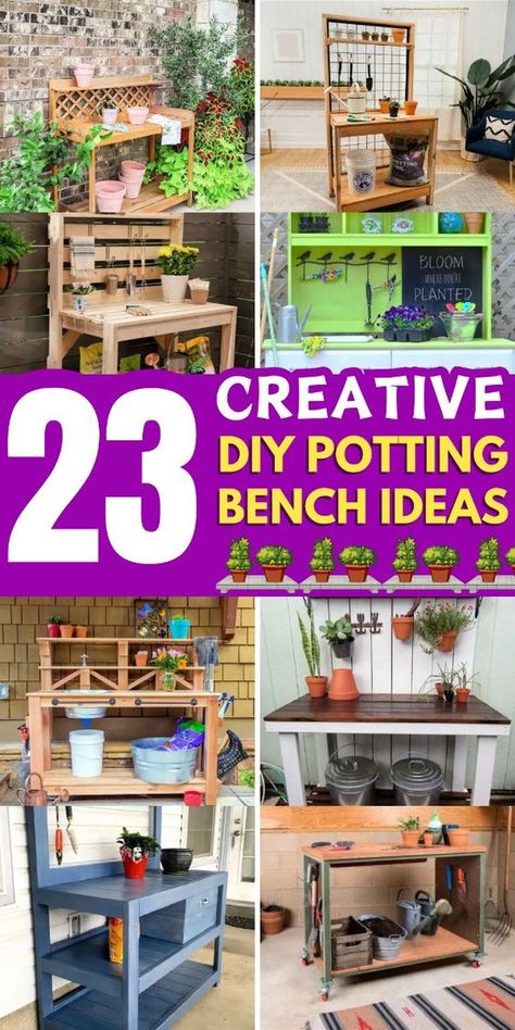 Make gardening easier with these DIY potting benches. They're simple to build and super functional! Garden Work Bench Potting Station, Garden Storage Diy, Diy Potting Table, Potting Benches Diy, Potting Bench With Sink, Garden Work Bench, Potting Bench Ideas, Pallet Potting Bench, Diy Potting Bench