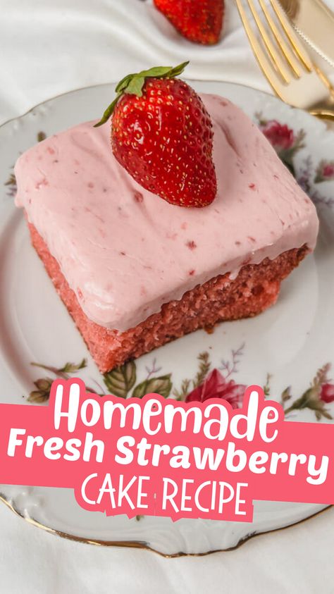 This easy strawberry cake recipe, using real strawberries and a helping hand from a box of strawberry gelatin, creates an incredibly fluffy cake, with a moist, tender crumb.  And baking this as a sheet cake, makes this even easier and faster! Strawberry Cake With White Box Cake, Strawberry Cake Without Strawberries, Strawberry Cake Recipe With Jello, Homemade Strawberry Cake Recipe, Easy Homemade Strawberry Cake, How To Make Strawberry Cake, Strawberry Cake Recipes Homemade, Strawberry Box Cake Recipes, Old Fashioned Strawberry Cake Recipe