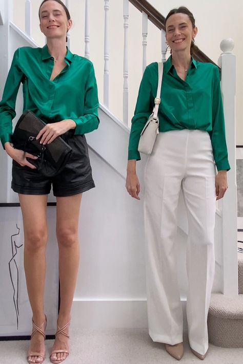 Leather Shorts With Button Down Shirt, Silk Shirt And Shorts Outfit, Green Blouse Outfit Ideas, Green Silk Blouse Outfit, Green Silk Shirt Outfit, Royalty Dress Aesthetic, Green Shirt Outfit Ideas, Silk Blouse Outfit, Silk Shirt Outfit