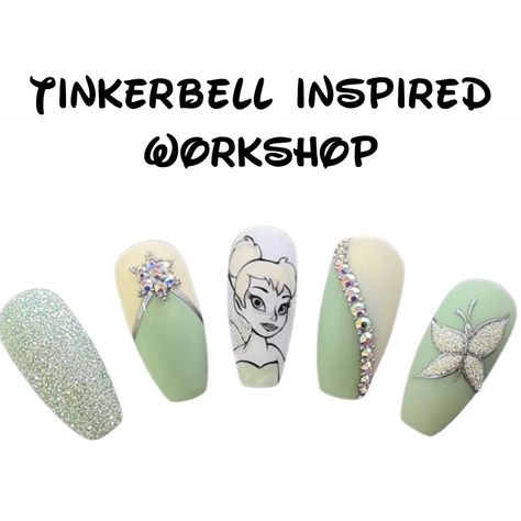 Tinkerbell Themed Nails, Peter Pan Nail Art, Tinkerbell Nail Art, Tinker Bell Nails Designs, Green Disney Nails, Tinkerbell Nails Designs, Cinderella Nails Designs, Tinker Bell Nails, Pan Nails