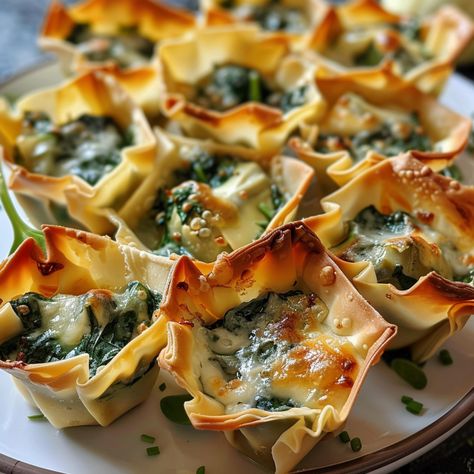 Spinach and Artichoke Dip Wonton Cups Spinach And Artichoke Dip Wonton Cups, Spinach Artichoke Dip Wonton Cups, Spinach And Artichoke Wonton Cups, Spinach Artichoke Wonton Cups, Spinach Artichoke Cups, Artichoke And Spinach, Wonton Appetizers, Spinach And Artichoke Dip, Wonton Cups