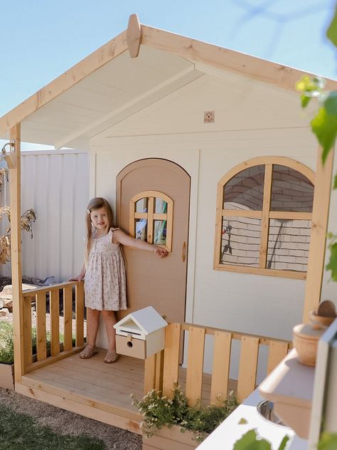 Kids House Playhouses, Cubby House Interior, Large Arched Windows, Diy Cubby, Outdoor Kids Playhouse, Kids Cubby House, Kids Wooden Playhouse, Play Cottage, Kids Cubby