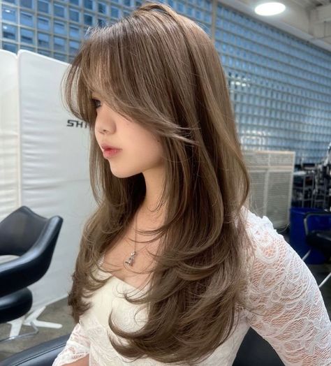 Longhair Haircut Curtain Bangs, Asian Hair Color Low Maintenance, Flowy Haircuts Women, Bust Length Hair, Long Haircuts No Layers, Long Layered Hair Asian, Hair Cuts Asian, Korean Long Layered Haircut, Asian Hair Inspiration