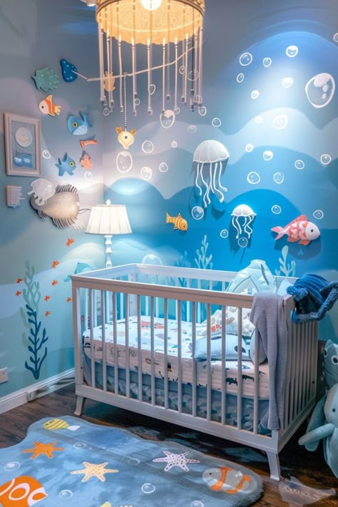 Welcoming a baby boy into your family is an exciting milestone, filled with joy, anticipation, and plenty of planning. One of the most enjoyable aspects of Cute Nursery Room, Deep Sea Nursery Ideas, Teal Nursery Boy, Deep Sea Nursery, Baby Boy Nursery Ocean Theme, Bluey Nursery Theme, Nursery Ideas Beach, Ocean Theme Nursery Boy, Unisex Baby Nursery Ideas