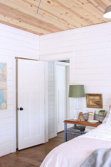 Drywall Alternative, White Plank Walls, Alternatives To Drywall, Pine Ceiling, Shiplap Bedroom, Planked Walls, Teen Bedroom Ideas, Barn Remodel, Wood Plank Ceiling