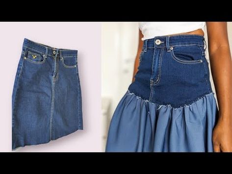 DIY Upcycled Denim Skirt - Transform Your Old Jeans in Minutes! - YouTube Upcycled Jean Skirt Diy, Diy Denim Skirt From Jeans, Upcycled Denim Skirt, Upcycled Denim Diy, Skirt Sewing Tutorial, Diy Denim Skirt, Skirt Diy, How To Make Skirt, Turn Blue