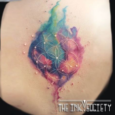 Galaxy watercolor with white flower of life and gemini constellation by Wietske… Amethyst Tattoo, Celestial Tattoos, Watercolor Galaxy Tattoo, Taurus Constellation Tattoo, Flower Of Life Tattoo, Cosmic Tattoo, Gemini Tattoo Designs, Galaxy Watercolor, Gemini Constellation